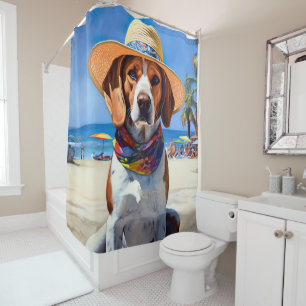 Beagle on Beach, summer gift for dog lovers  Shower Curtain