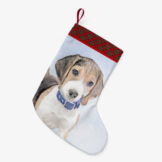 Beagle Painting - Cute Original Dog Art Small Christmas Stocking (Front (Hanging))