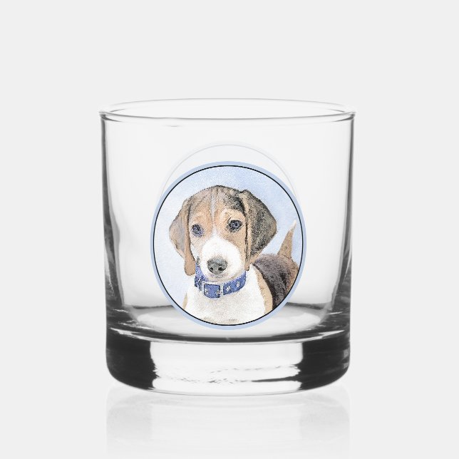 Beagle Painting - Cute Original Dog Art Whiskey Glass (Front)