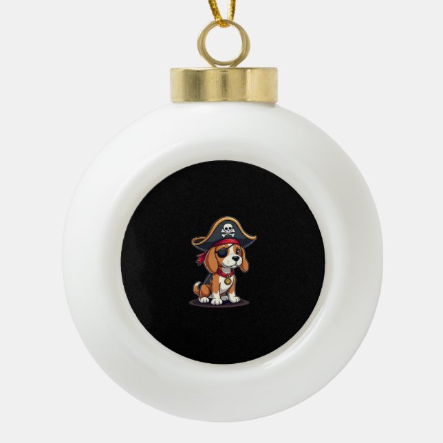 Beagle Pirate Costume Jolly Roger Flag Skull Cross Ceramic Ball Christmas Ornament (Front)
