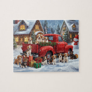 Beagle Puppies Red Truck Christmas Snow Scene Jigsaw Puzzle