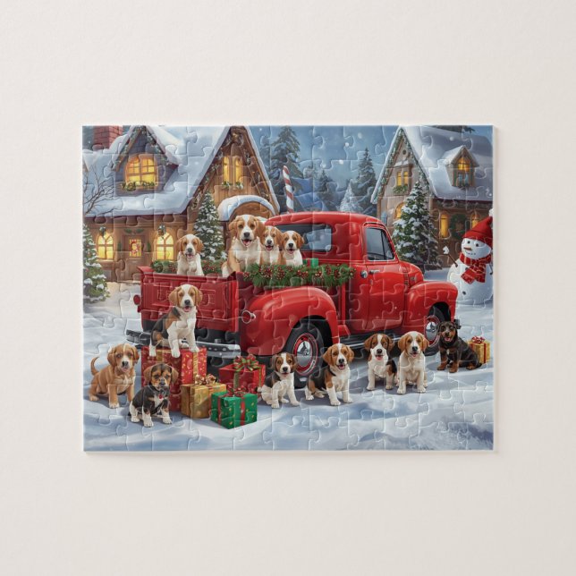 Beagle Puppies Red Truck Christmas Snow Scene Jigsaw Puzzle (Horizontal)