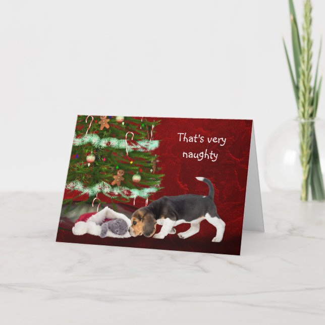 Beagle puppy and naughty kitty Christmas Holiday Card (Front)