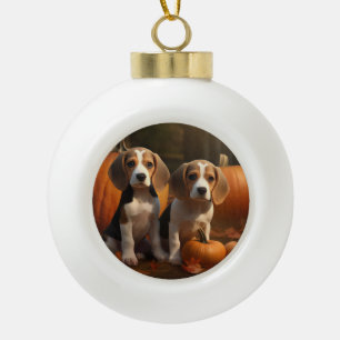 Beagle Puppy Autumn Delight Pumpkin Ceramic Ball Christmas Ornament