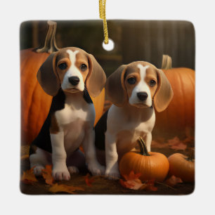 Beagle Puppy Autumn Delight Pumpkin Ceramic Ornament