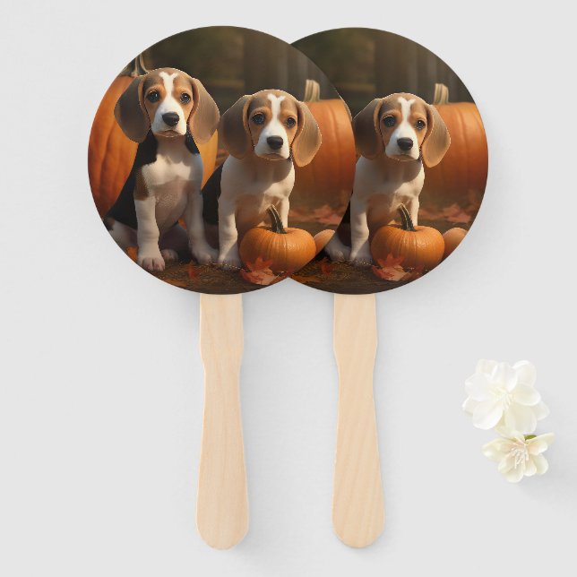 Beagle Puppy Autumn Delight Pumpkin  Hand Fan (Front and Back)