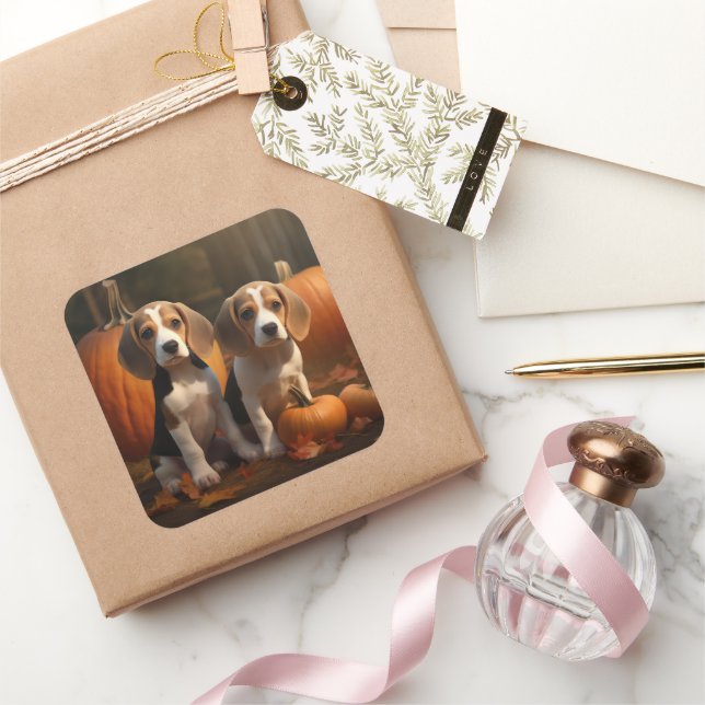 Beagle Puppy Autumn Delight Pumpkin  Square Sticker (Gifting)