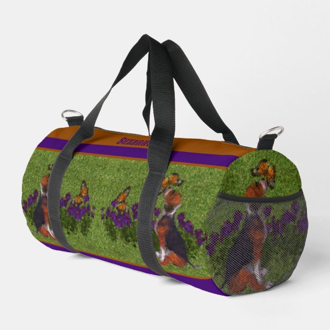 Beagle Puppy Butterflies Dog Art Personalised Duffle Bag (Right Corner)