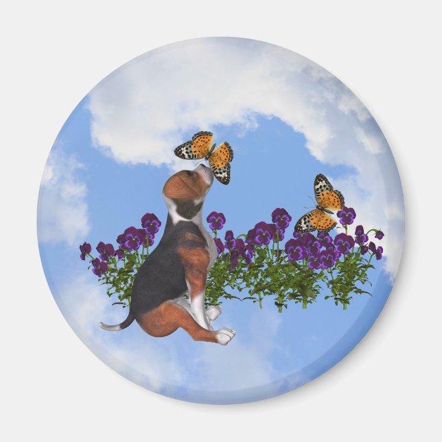 Beagle Puppy Butterflies Flowers Animal Magnet (Front)