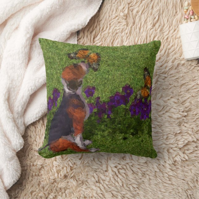 Beagle Puppy Butterflies Flowers Dog Art Cushion (Blanket)