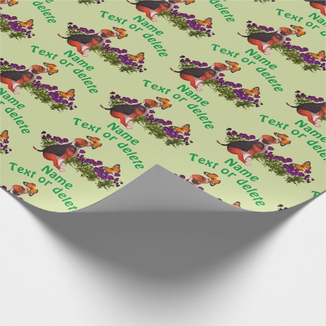 Beagle Puppy Butterflies Flowers Personalised Wrapping Paper (Corner)