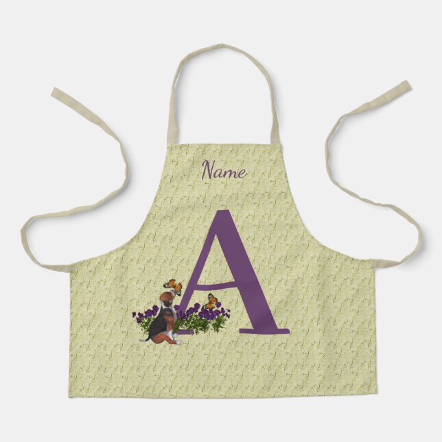 Beagle Puppy Butterflies Monogram Initial A Name   Apron (Front)