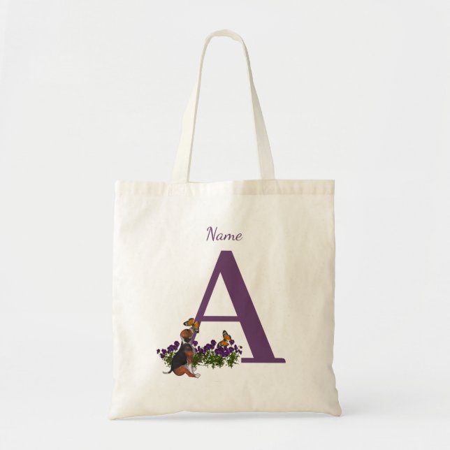 Beagle Puppy Butterflies Monogram Initial A Name  Tote Bag (Front)