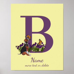 Beagle Puppy Butterflies Monogram Initial B Name  Poster