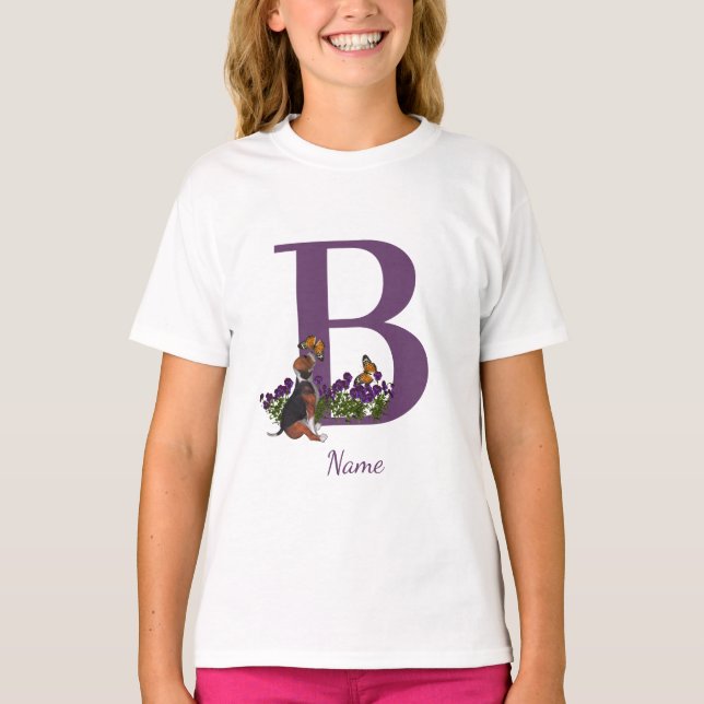 Beagle Puppy Butterflies Monogram Initial B Name  T-Shirt (Front)
