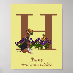 Beagle Puppy Butterflies Monogram Initial H Name Poster