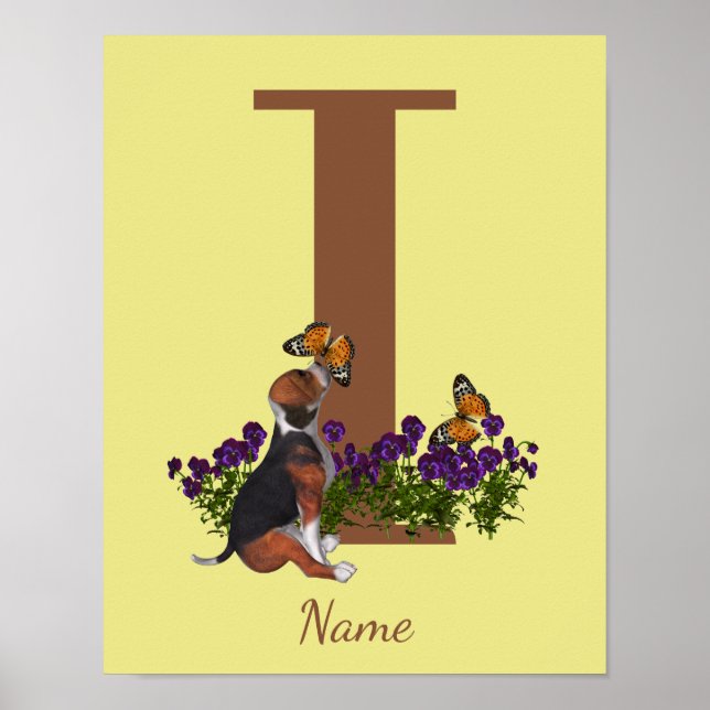 Beagle Puppy Butterflies Monogram Initial I Name  Poster (Front)