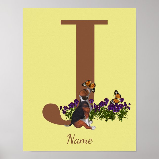 Beagle Puppy Butterflies Monogram Initial J Name  Poster (Front)