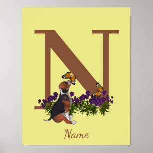 Beagle Puppy Butterflies Monogram Initial N Name  Poster