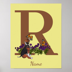 Beagle Puppy Butterflies Monogram Initial R Name Poster