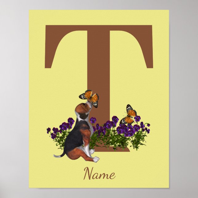 Beagle Puppy Butterflies Monogram Initial T Name  Poster (Front)