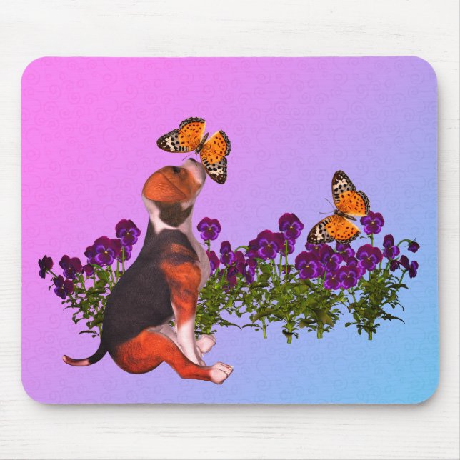 Beagle Puppy Butterflies Pansies  Mouse Mat (Front)