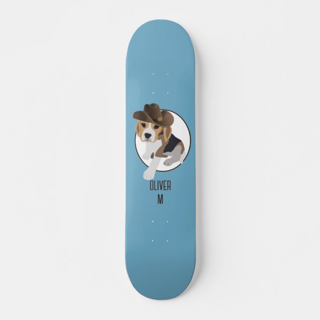 BEAGLE PUPPY DOG COUNTRY HAT CARTOON BLUE NAME SKATEBOARD (Front)