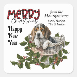 Beagle Puppy Holly Basket Christmas Square Sticker