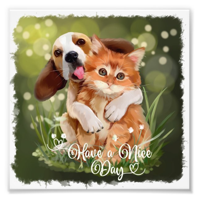 Beagle puppy hugging a ginger kitten	 photo print (Front)