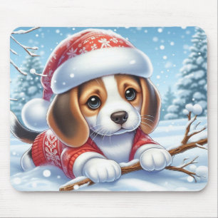Beagle Puppy in Christmas Outfit Enjoying The Snow Mouse Mat
