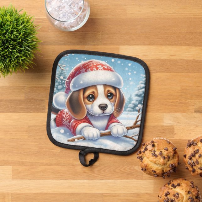 Beagle Puppy in Christmas Outfit Enjoying The Snow Pot Holder (Top Down)