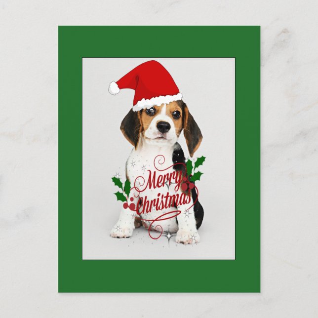Beagle Puppy in Santa Hat - Merry Christmas Postcard (Front)