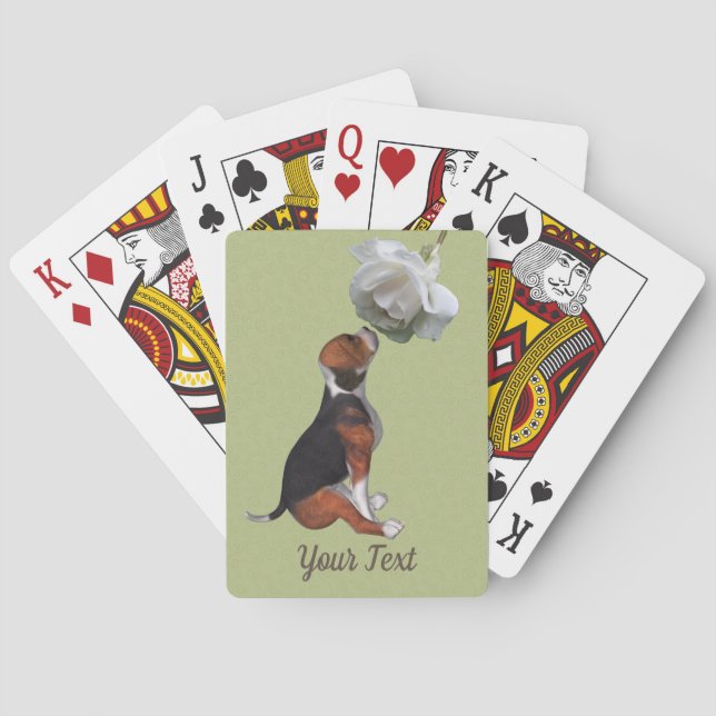 Beagle Puppy Smelling White Rose  Playing Cards (Back)