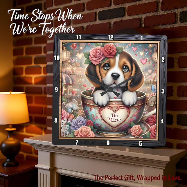 Beagle Puppy Teacup Valentine Square Wall Clock (Creator Uploaded)