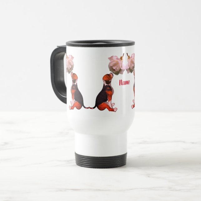 Beagle Puppy White Rose Cute Dog Personalised  Travel Mug (Front Left)