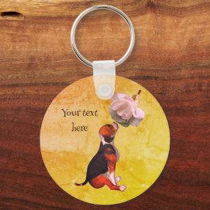 Beagle Puppy White Rose Cute Personalised Key Ring