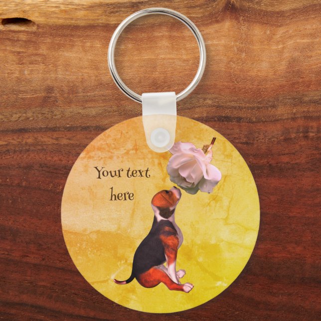 Beagle Puppy White Rose Cute Personalised Key Ring (Front)