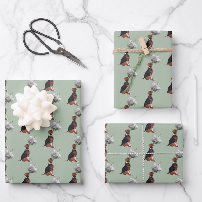 Beagle Puppy White Rose Wrapping Paper Sheet (Front)