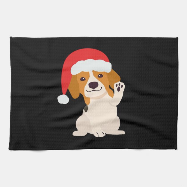 Beagle puppy with Santa's hat for dog lovers Overs Tea Towel (Horizontal)