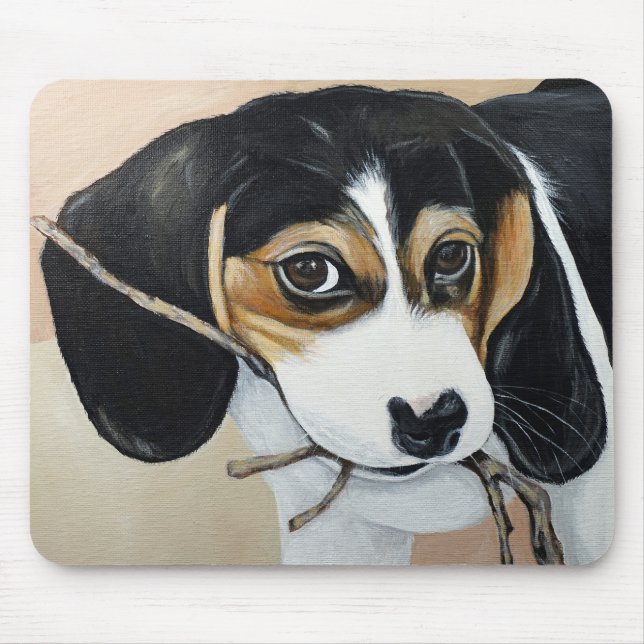 Beagle Puppy with Stick Painting Mouse Mat (Front)