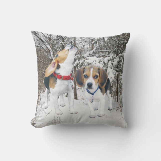 Beagle Pups In Woodland Snow Pillow (Front)