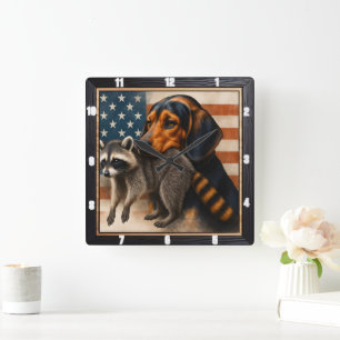 Beagle Racoon American Flag  Square Wall Clock