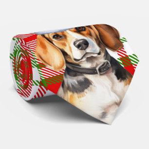 Beagle Red and Green Plaid Holiday Christmas  Tie