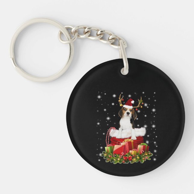 Beagle Reindeer Pressent Christmas Gift Key Ring (Front)
