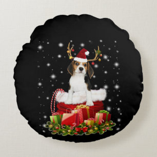 Beagle Reindeer Pressent Christmas Gift Round Cushion