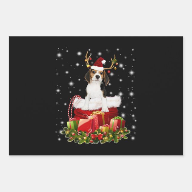 Beagle Reindeer Pressent Christmas Gift Wrapping Paper Sheet (Front)