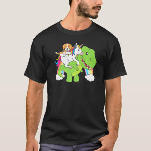 Beagle Riding A Unicorn And Dinosaur Dog T-Shirt