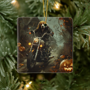 Beagle Riding Motorcycle Halloween Scary Ceramic Ornament