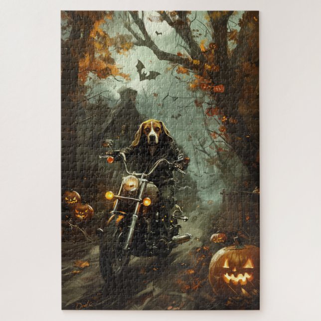 Beagle Riding Motorcycle Halloween Scary  Jigsaw Puzzle (Vertical)