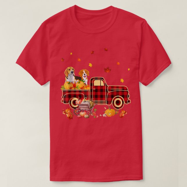 Beagle Riding Truck Pumpkin Autumn Leaves Fall  T-Shirt (Design Front)